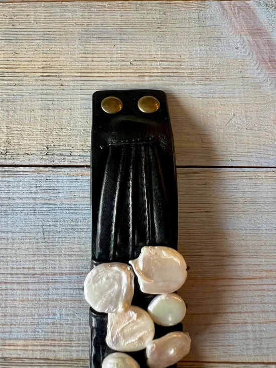 Handcrafted Black Leather Bracelet Genuine Button Pearls Statement Cuff - Picture 5 of 11